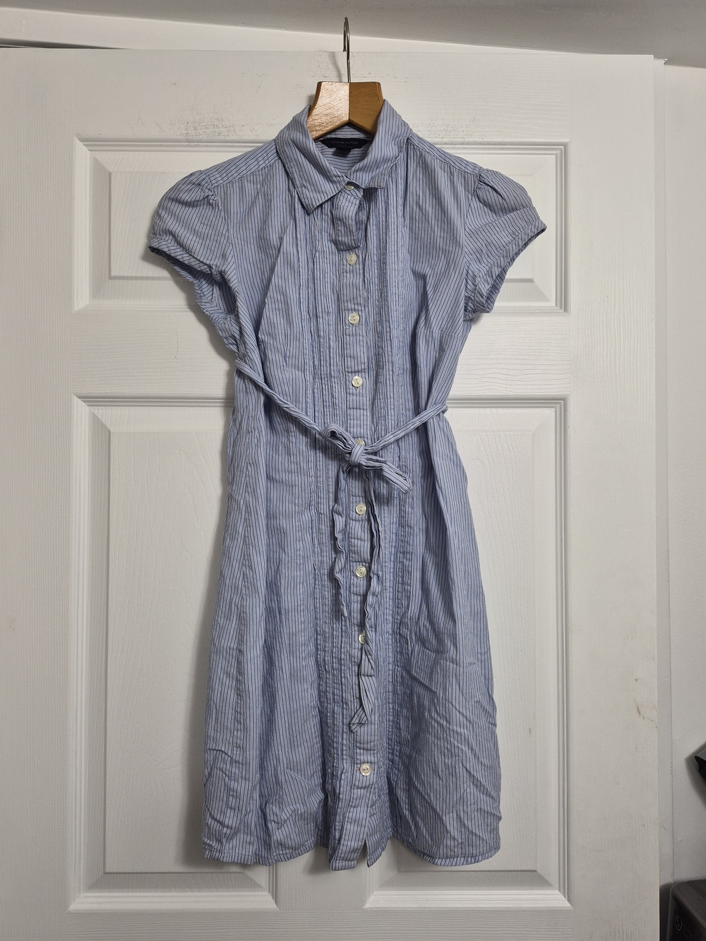 Button-Front Blue Stripe Shirt Dress with Tie Waist